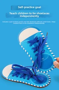 Detail of wooden shoe lacing boards for toddlers featuring blue dinosaur patterns and laces
