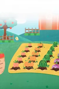Detail of wooden logic game cards featuring vibrant farm vegetables and fruit patterns