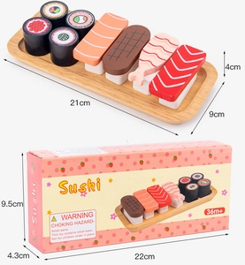 Detailed view of wooden sushi toy set with tray and colorful nigiri pieces in gift box