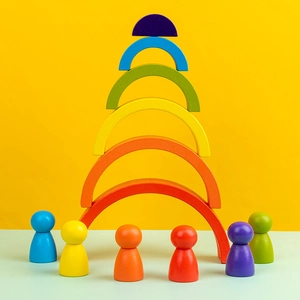 Wooden Rainbow House Stacking Blocks Educational Montessori Toys Children Early Learning Puzzle Building Blocks Set