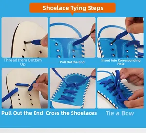 Step-by-step tutorial for lacing a wooden montessori educational shoe toy