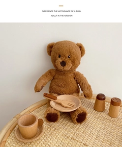 Teddy bear plush toy with wooden kitchenware set including cups and tray for role playing