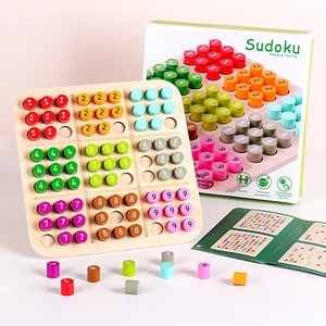 Wooden Sudoku board game set with colorful number blocks and instruction manual