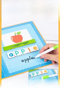 Close-up of magnetic letter tiles and erasable pen for kids' spelling and writing practice