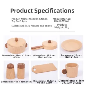 Detailed dimensions of 15pcs natural wood kitchen toy set for kids role playing