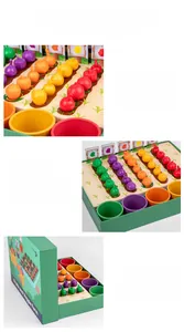 Detailed close-up of colorful wooden vegetable models and matching sorting cups for toddlers