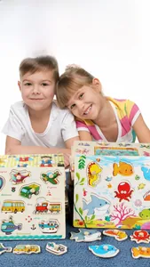 Kids playing with Montessori wooden peg puzzles featuring transport and sea animal themes