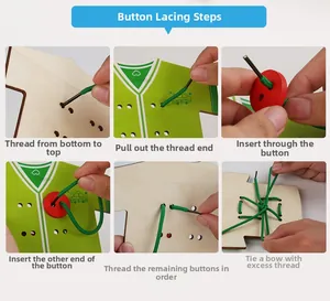 Detailed 6-step guide for wooden button threading toy to develop fine motor skills