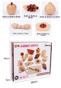 Detail view of 30-piece wooden fruit and vegetable play food set with packaging box