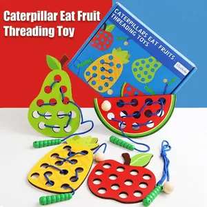 Wooden caterpillar fruit threading toy set with apple pear watermelon and pineapple