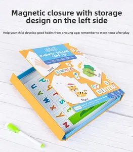 Detail of magnetic spelling game box showing colorful letters and word cards for kids