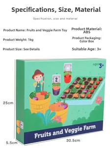 Detailed packaging specifications and dimensions of the Fruit and Veggie Farm educational toy