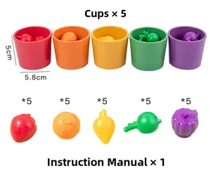 Detailed view of 5 colorful sorting cups and plastic fruit models with manual