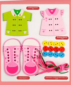 Flat lay of 4-in-1 wooden lacing toy set with clothes, shoes, buttons and colorful cords
