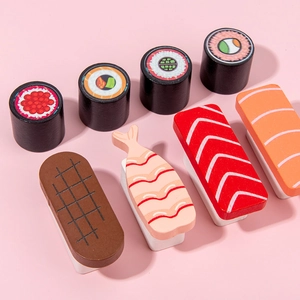 8-piece wooden toy sushi set for kids featuring realistic rolls and nigiri food pieces