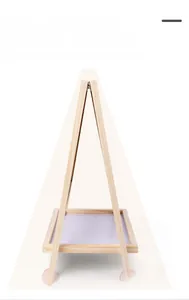 Detailed side view of the sturdy A-frame wooden easel showing the storage tray and texture