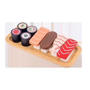 Wooden pretend play sushi set with various rolls and nigiri on a tray for kids