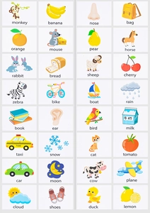 Educational flashcards grid featuring 32 colorful animal and fruit vocabulary words for kids