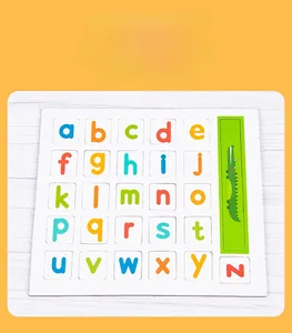 Close-up of magnetic wooden alphabet puzzle with colorful letters for preschool learning
