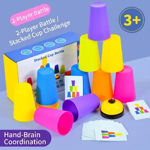 Gioco Educativo di Battaglia di Tazze Impilabili per Bambini con Campanello e Carte Sfida Giocattolo per Allenamento Cerebrale