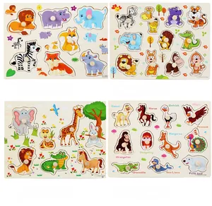 Detail of Montessori wooden animal peg puzzle with handles for toddlers to grab