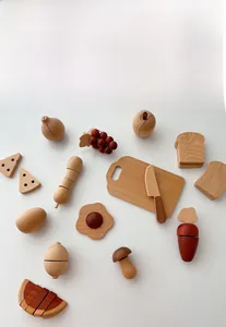 Detailed view of a 12-piece wooden play food set with vegetables and fruits for kids