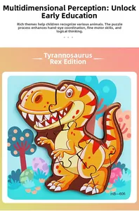Détail d'un puzzle Tyrannosaure en bois aux bords lisses et couleurs vives pour enfants