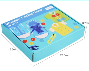 4-in-1 wooden lacing toy set in blue box packaging with clear dimensions shown