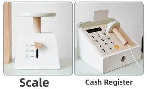 Close-up of wooden toy scale and checkout register in soft pastel Morandi colors