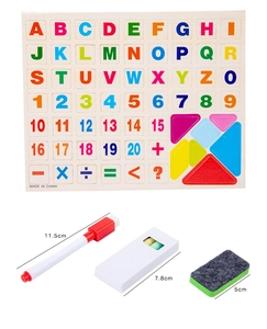 Detail of wooden magnetic puzzle board with alphabet letters and colorful tangram shapes