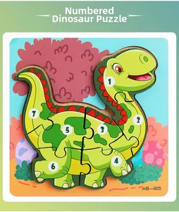 Détail d'un puzzle dinosaure 3D en bois vert avec pièces numérotées pour enfants