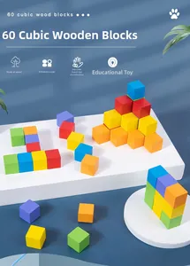 Close-up of 60 colorful wooden cubes for math geometry learning and logical stacking