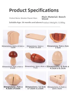 Detailed size specifications for 30pcs wooden pretend play food set made of beech wood