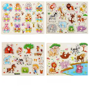 Macro view of wooden Montessori puzzles with easy-grip handles for early learning