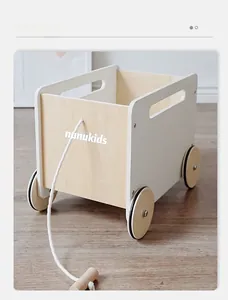 Minimalist wooden toy shopping cart with smooth wheels and pulling rope for toddlers
