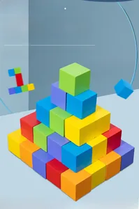 Close-up of 60 colorful wooden cube blocks stacked in a pyramid for educational math learning
