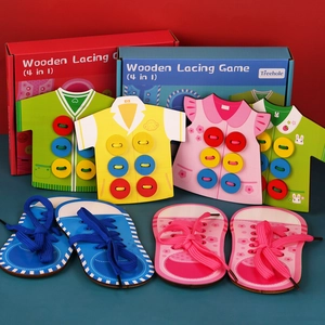 Wooden Lacing Game 4-in-1 Montessori Educational Toy For Kids Clothes And Shoes Threading Buttoning Skills Learning Preschool Gift