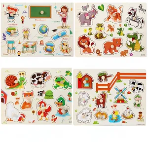 Detail view of four wooden peg puzzle sets with animals, school, and farm themes