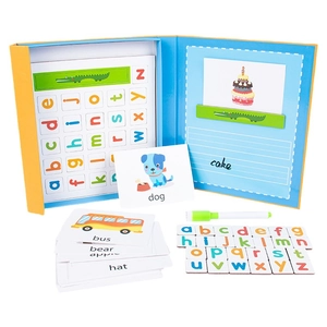 Magnetic alphabet spelling game for kids including letters, cards, and foldable board