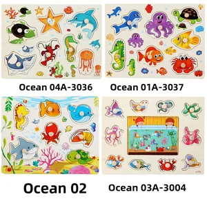 Detail of wooden ocean animal puzzles with easy-grip pegs for Montessori learning toys