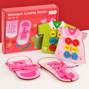 Educational 4-in-1 wooden lacing toy set with colorful shoe and clothing boards