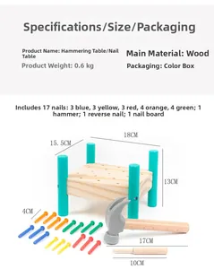 Détails du jeu de martelage Montessori en bois avec chevilles colorées et dimensions