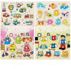 Detail view of four-set wooden Montessori puzzles with pegs for toddlers' early learning