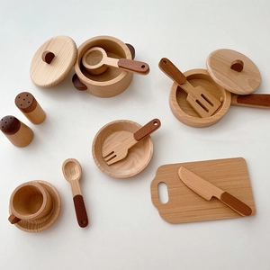 13-piece wooden play kitchen toy set with pots and pans for toddler role play