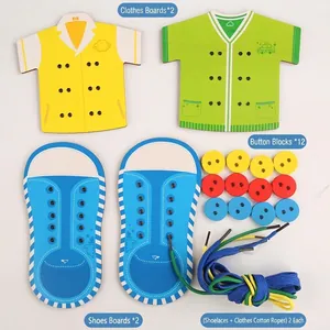 4-in-1 wooden lacing toy set with colorful clothes, shoes, buttons and threading strings