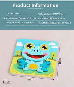 Vue détaillée du puzzle grenouille en bois pour enfants avec dimensions et poids