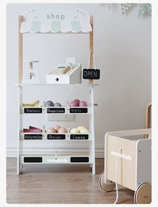 Detailed wooden fruit shop playset with scanner, scale, and assorted miniature fruits