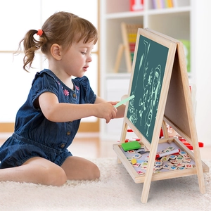 Foldable 2-in-1 children's wooden easel with magnetic whiteboard and chalkboard set