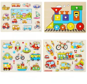 Detailed grid view of four wooden peg puzzles featuring colorful transport vehicles