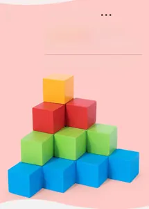 Close-up of 60 colorful wooden logic building blocks for kids geometric learning